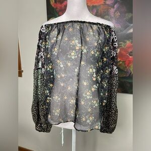 Umgee Black Off the Shoulder Floral embroidered Peasant Long Sleeves Sheer top S